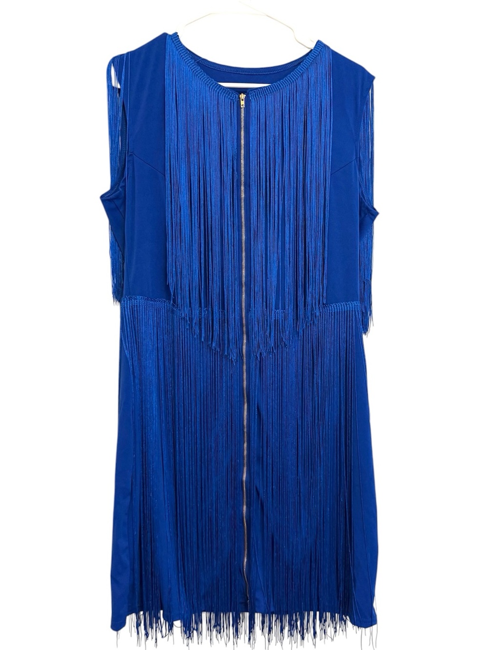 Royal Blue Fringe Sleeveless Front Zipper Statement Party Dress XL